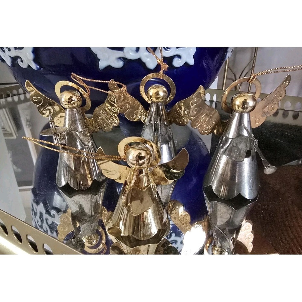 VTG Lot Of 4 Silver Plated & Brass‎ Angel Christmas Ornaments Mixed Metal SZ S